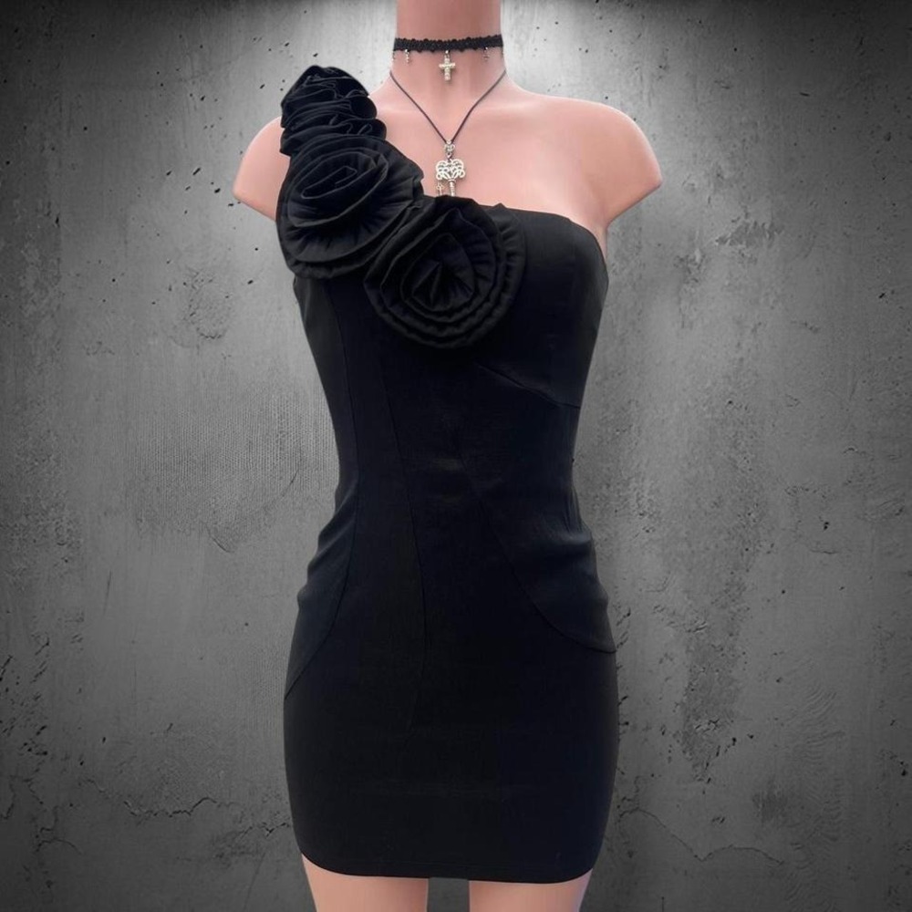 Vintage Daisy One Shoulder Rosette Mini Bodycon Dress - Picture 2 of 6